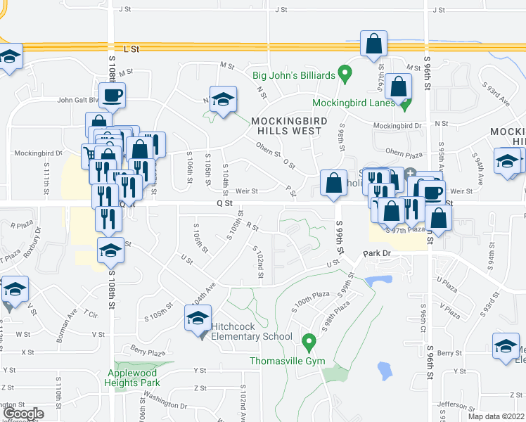 map of restaurants, bars, coffee shops, grocery stores, and more near 5205 South 104th Avenue Circle in Omaha