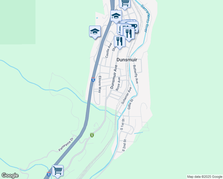 map of restaurants, bars, coffee shops, grocery stores, and more near 4199 Grover Street in Dunsmuir