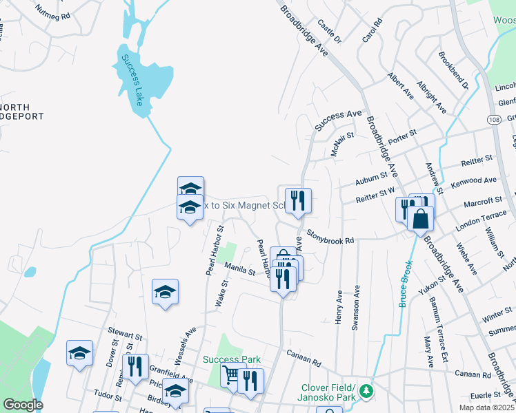 map of restaurants, bars, coffee shops, grocery stores, and more near 82 Pearl Harbor Circle in Bridgeport