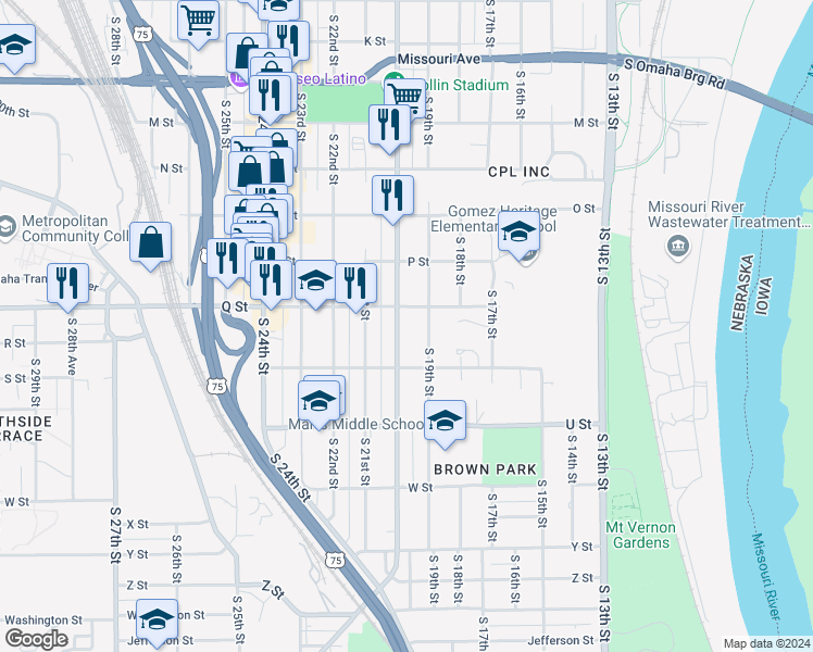 map of restaurants, bars, coffee shops, grocery stores, and more near 5215 S 20th St in Omaha