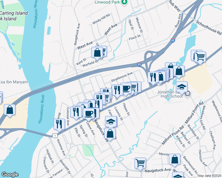 map of restaurants, bars, coffee shops, grocery stores, and more near 46 Judson Place in Milford