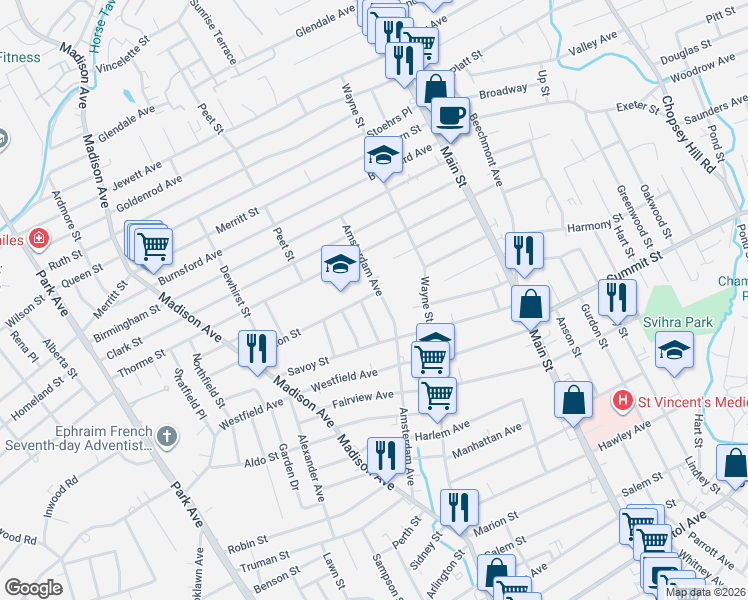 map of restaurants, bars, coffee shops, grocery stores, and more near 92 Marsdale Avenue in Bridgeport