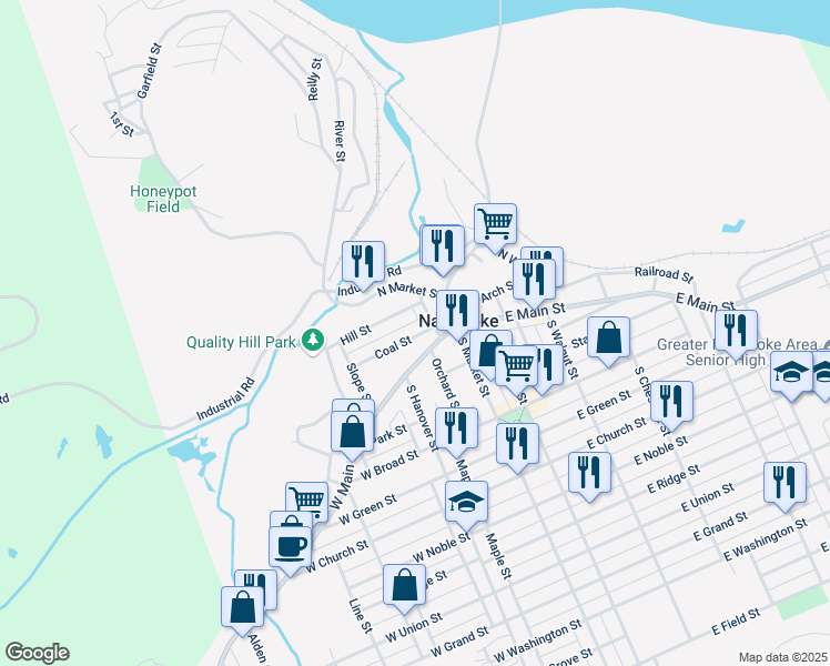 map of restaurants, bars, coffee shops, grocery stores, and more near 14 Coal Street in Nanticoke