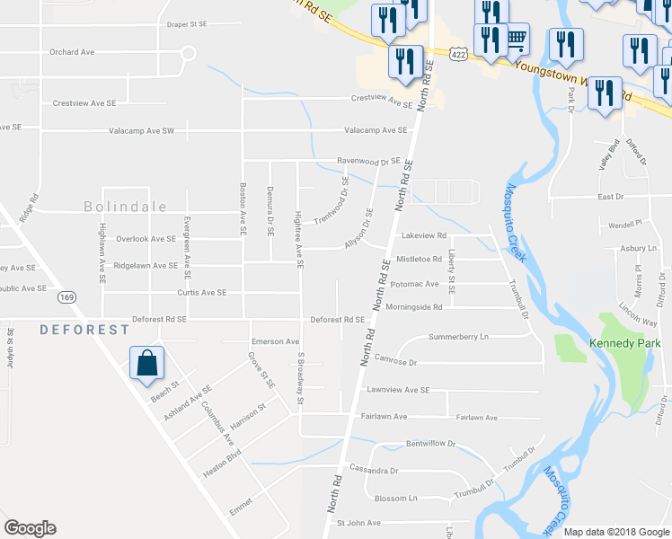 map of restaurants, bars, coffee shops, grocery stores, and more near 755 Mauro Circle Southeast in Warren