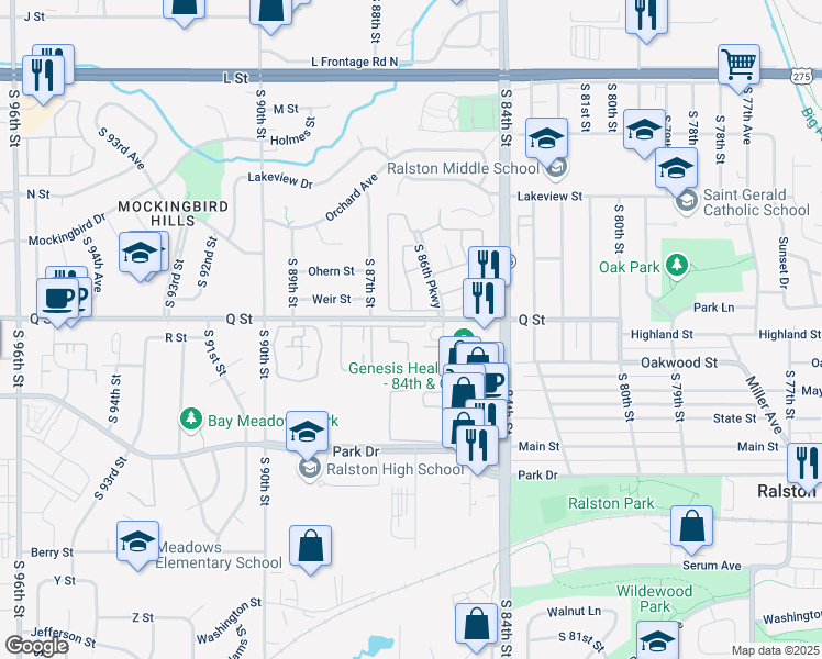 map of restaurants, bars, coffee shops, grocery stores, and more near 8625 Q Street in Omaha