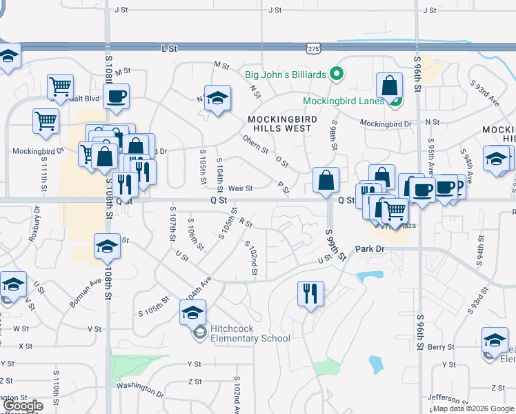 map of restaurants, bars, coffee shops, grocery stores, and more near 5205 South 104th Avenue Circle in Omaha