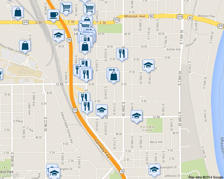 map of restaurants, bars, coffee shops, grocery stores, and more near 5214 S 21st St in Omaha
