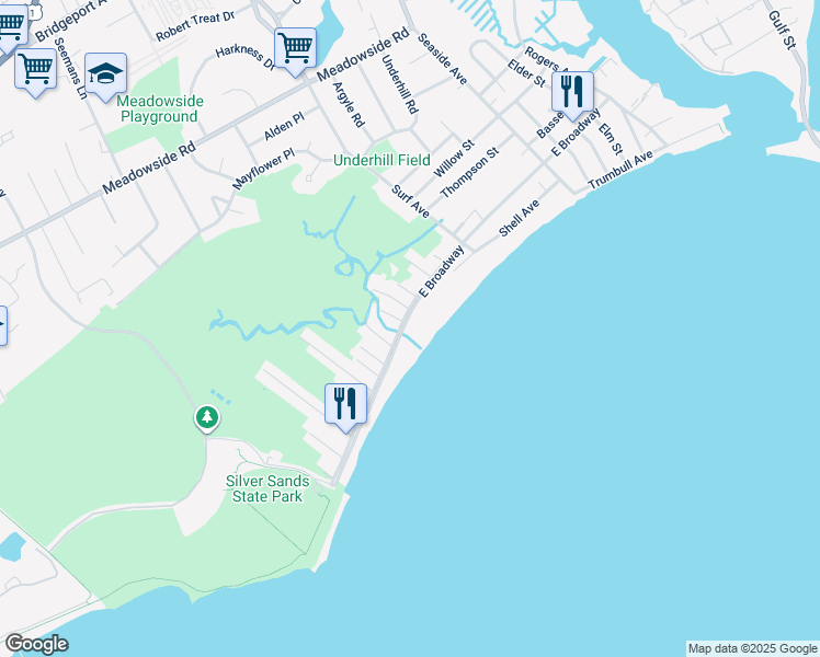 map of restaurants, bars, coffee shops, grocery stores, and more near 835 East Broadway in Milford