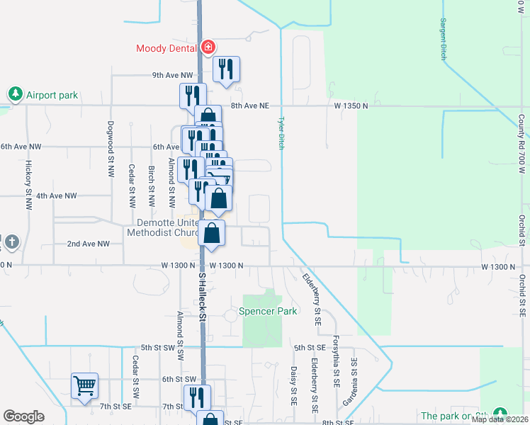 map of restaurants, bars, coffee shops, grocery stores, and more near Carnation Avenue in De Motte