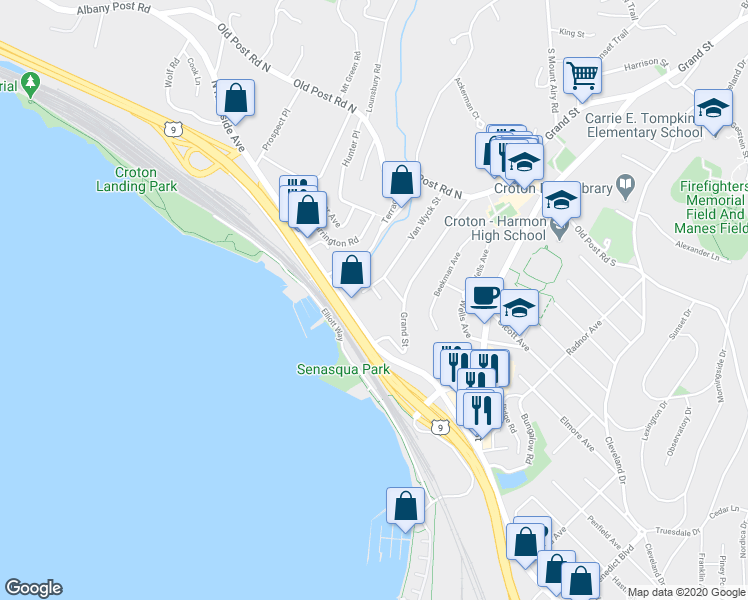 map of restaurants, bars, coffee shops, grocery stores, and more near 6 Barton Place in Croton-on-Hudson