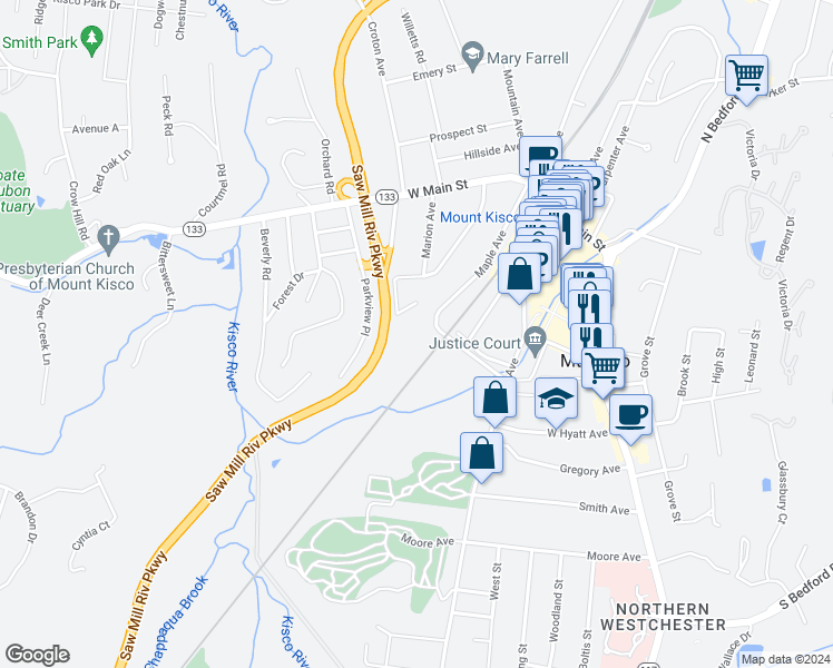 map of restaurants, bars, coffee shops, grocery stores, and more near 200 Diplomat Drive in Mount Kisco