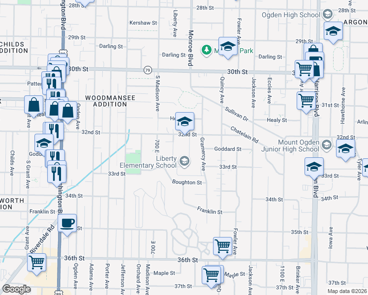 map of restaurants, bars, coffee shops, grocery stores, and more near 3239 Monroe Blvd in Ogden