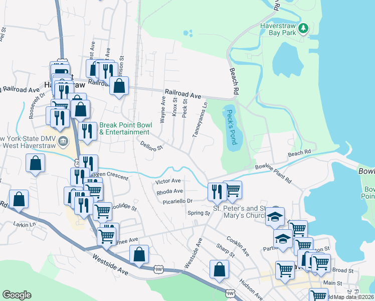 map of restaurants, bars, coffee shops, grocery stores, and more near 104 Samsondale Avenue in West Haverstraw