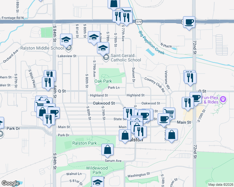 map of restaurants, bars, coffee shops, grocery stores, and more near 7750 Highland Street in Ralston