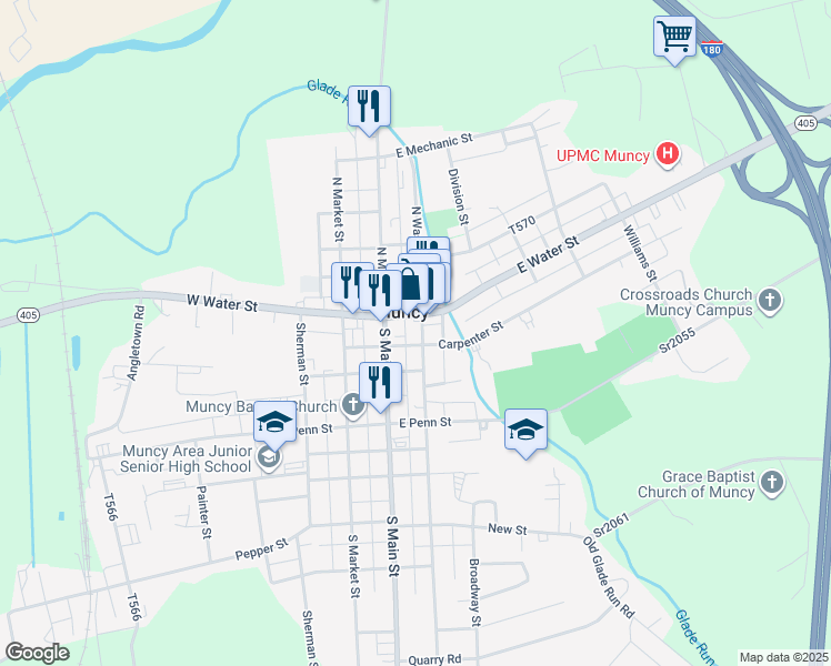 map of restaurants, bars, coffee shops, grocery stores, and more near 8 South Washington Street in Muncy