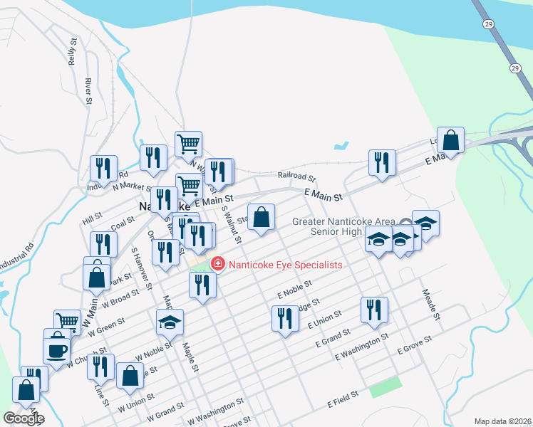 map of restaurants, bars, coffee shops, grocery stores, and more near 267 State St in Nanticoke