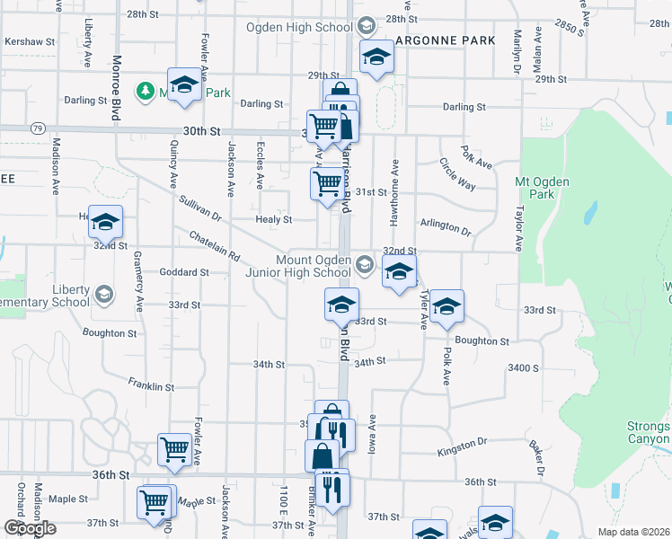 map of restaurants, bars, coffee shops, grocery stores, and more near 3225 Harrison Boulevard in Ogden
