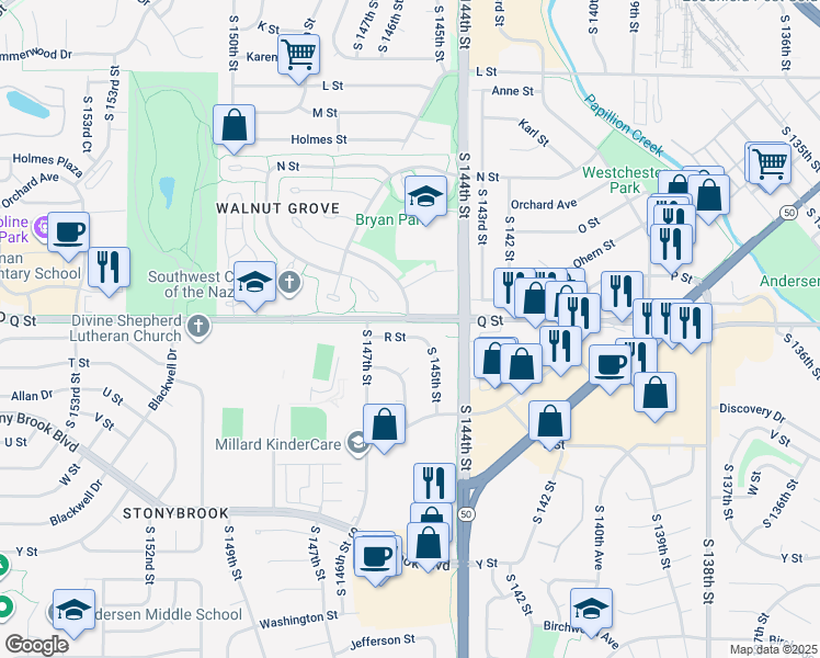 map of restaurants, bars, coffee shops, grocery stores, and more near 14518 R Street in Omaha