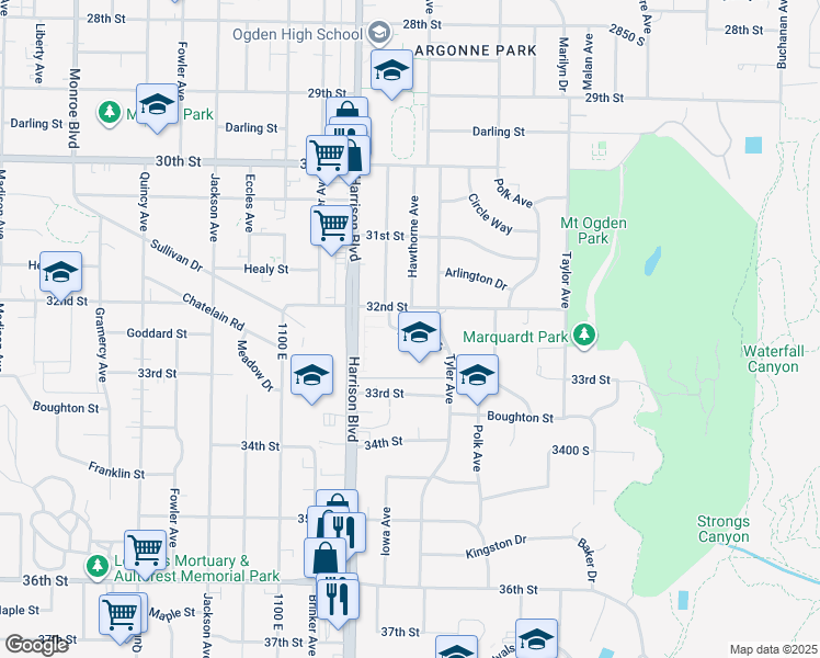 map of restaurants, bars, coffee shops, grocery stores, and more near 1265 Wagonwheel Lane in Ogden