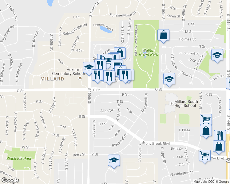 map of restaurants, bars, coffee shops, grocery stores, and more near 15314 R Street in Omaha