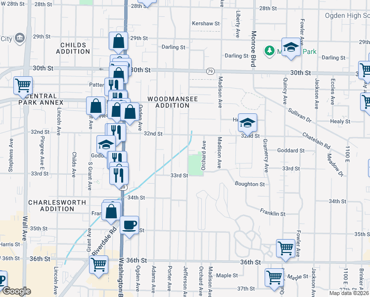 map of restaurants, bars, coffee shops, grocery stores, and more near 3237 Jefferson Avenue in Ogden