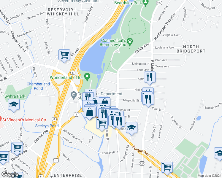 map of restaurants, bars, coffee shops, grocery stores, and more near 97 Ashley Street in Bridgeport