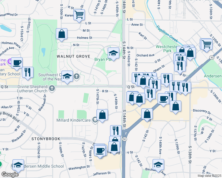 map of restaurants, bars, coffee shops, grocery stores, and more near 14518 R Street in Omaha