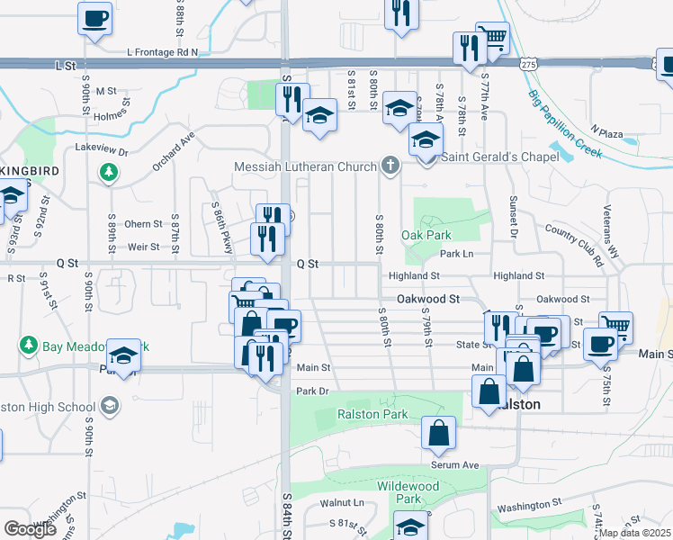 map of restaurants, bars, coffee shops, grocery stores, and more near 8113 Q Street in Ralston