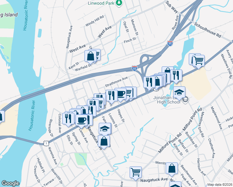 map of restaurants, bars, coffee shops, grocery stores, and more near 35 Bilyard Street in Milford