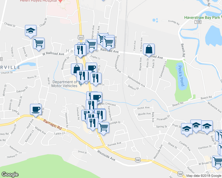 map of restaurants, bars, coffee shops, grocery stores, and more near 7 Komonchak Circle in West Haverstraw