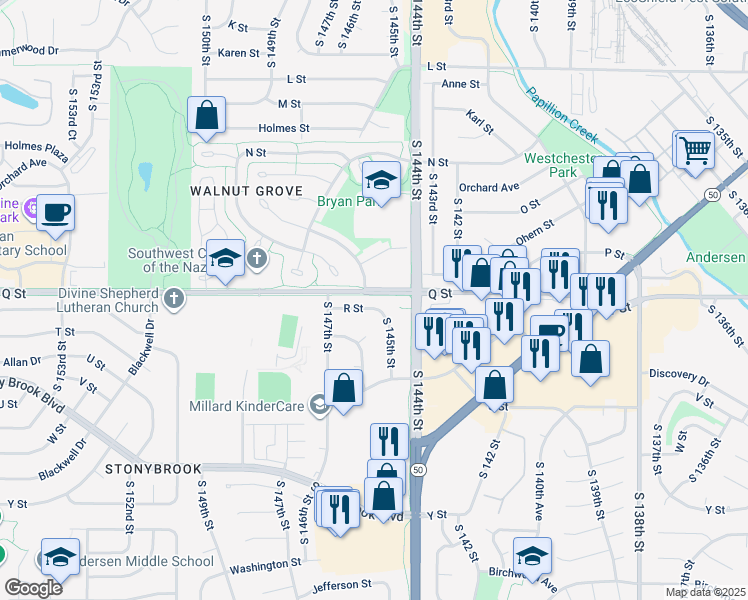 map of restaurants, bars, coffee shops, grocery stores, and more near 14518 R Street in Omaha