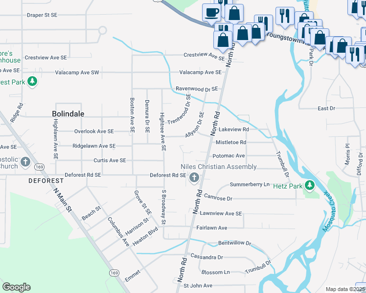 map of restaurants, bars, coffee shops, grocery stores, and more near 755 Mauro Circle Southeast in Warren