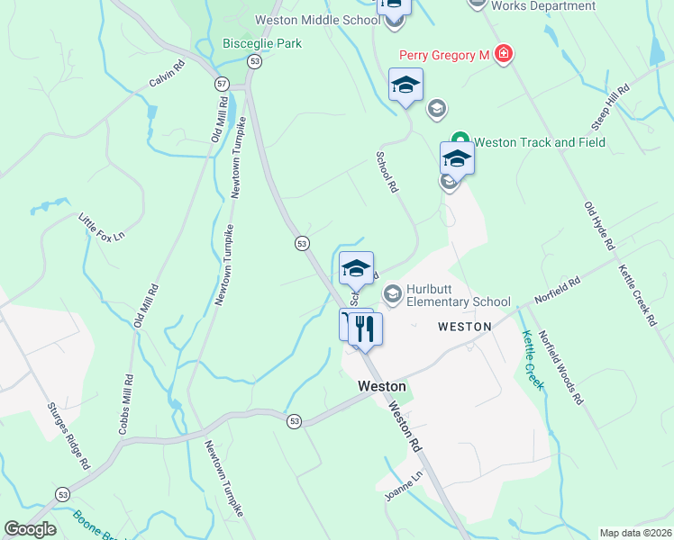 map of restaurants, bars, coffee shops, grocery stores, and more near 6 School Path Road in Weston