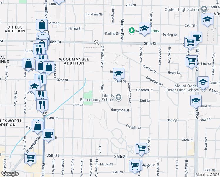 map of restaurants, bars, coffee shops, grocery stores, and more near 3247 Liberty Avenue in Ogden