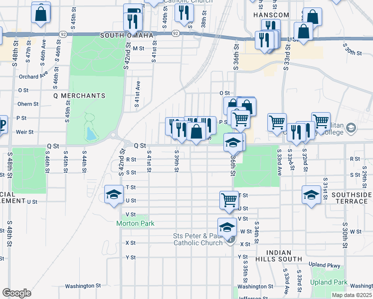 map of restaurants, bars, coffee shops, grocery stores, and more near 3801 Q Street in Omaha