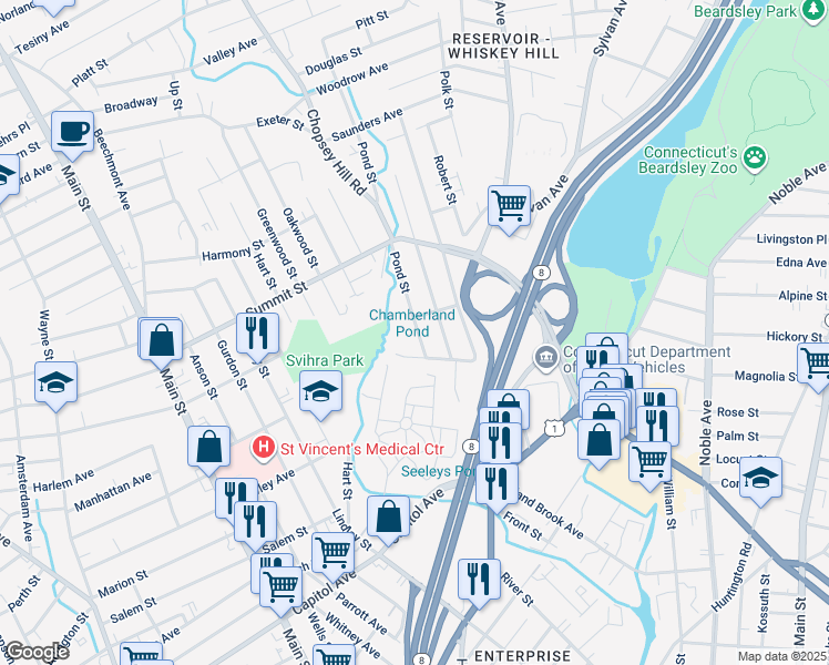 map of restaurants, bars, coffee shops, grocery stores, and more near 53 Pond Street in Bridgeport