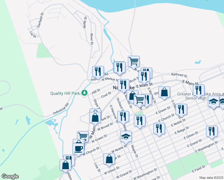 map of restaurants, bars, coffee shops, grocery stores, and more near 14 Coal Street in Nanticoke