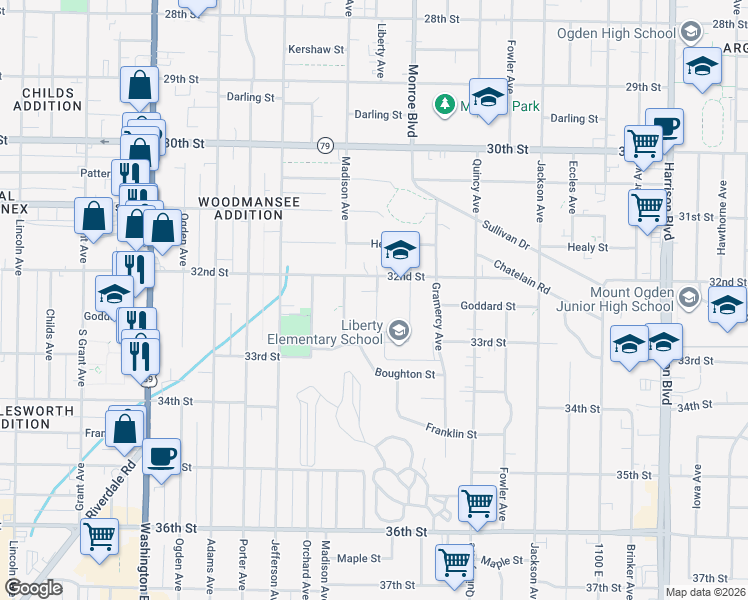 map of restaurants, bars, coffee shops, grocery stores, and more near 3247 Liberty Ave in Ogden