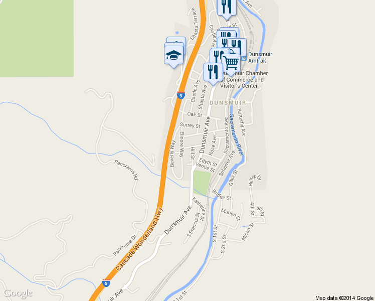 map of restaurants, bars, coffee shops, grocery stores, and more near 4308 Wood St in Dunsmuir