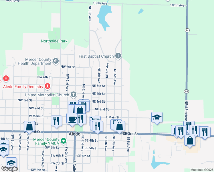 map of restaurants, bars, coffee shops, grocery stores, and more near 500 Northeast 5th Street in Aledo