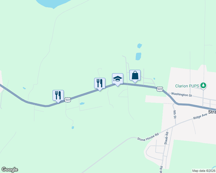 map of restaurants, bars, coffee shops, grocery stores, and more near 15877 Route 322 in Clarion