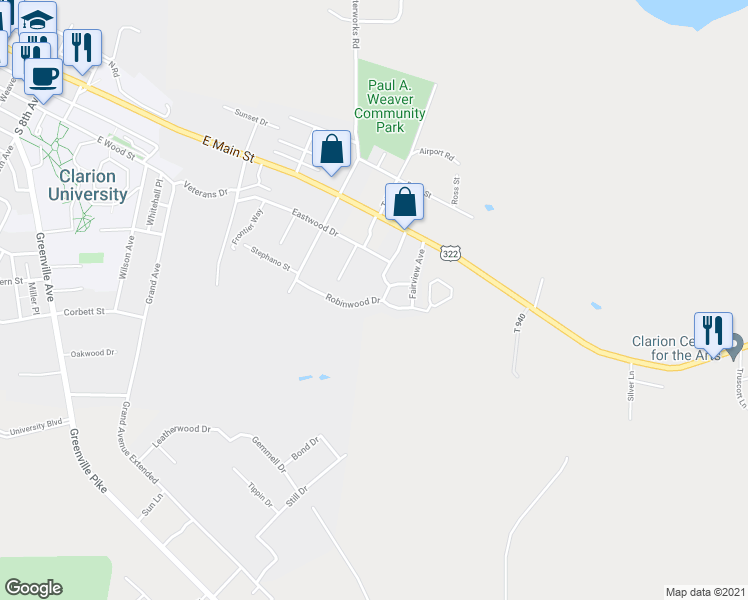 map of restaurants, bars, coffee shops, grocery stores, and more near 1326 Robinwood Drive in Clarion
