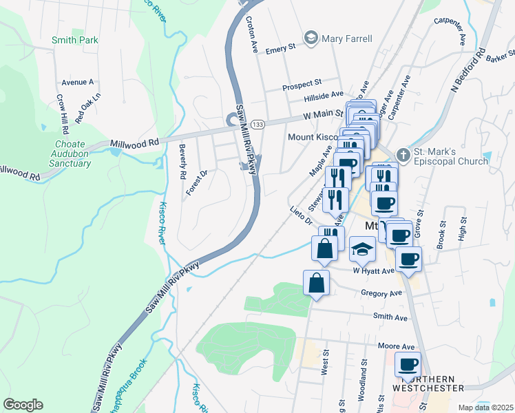 map of restaurants, bars, coffee shops, grocery stores, and more near Saw Mill River Parkway in Mount Kisco