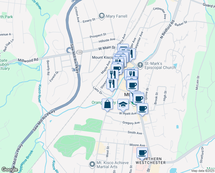 map of restaurants, bars, coffee shops, grocery stores, and more near 25-35 Stewart Place in Mount Kisco