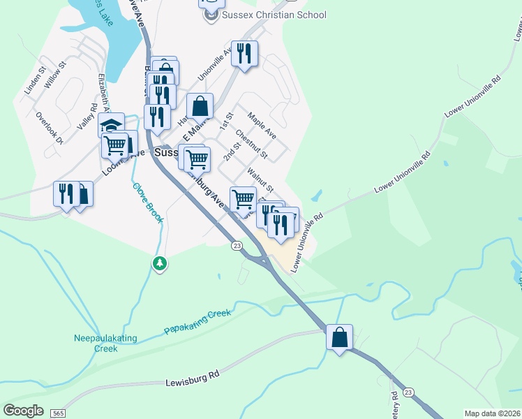 map of restaurants, bars, coffee shops, grocery stores, and more near 12 Grove Street in Sussex