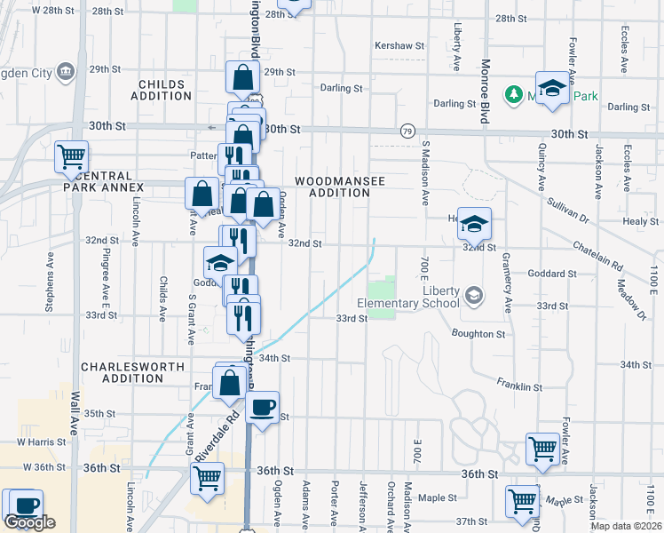 map of restaurants, bars, coffee shops, grocery stores, and more near 3236 Adams Avenue in Ogden