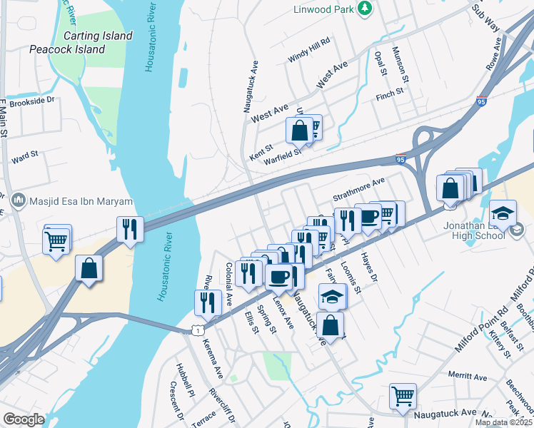 map of restaurants, bars, coffee shops, grocery stores, and more near 674 Naugatuck Avenue in Milford
