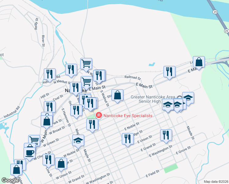 map of restaurants, bars, coffee shops, grocery stores, and more near 267 State St in Nanticoke