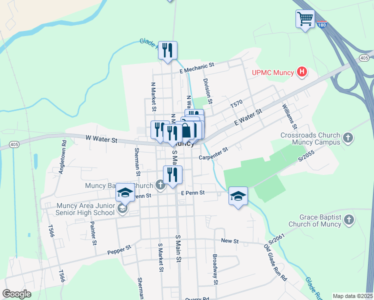 map of restaurants, bars, coffee shops, grocery stores, and more near in Muncy