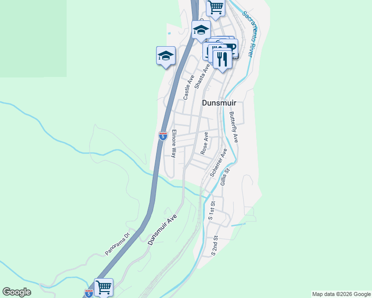 map of restaurants, bars, coffee shops, grocery stores, and more near 4308 Wood Street in Dunsmuir